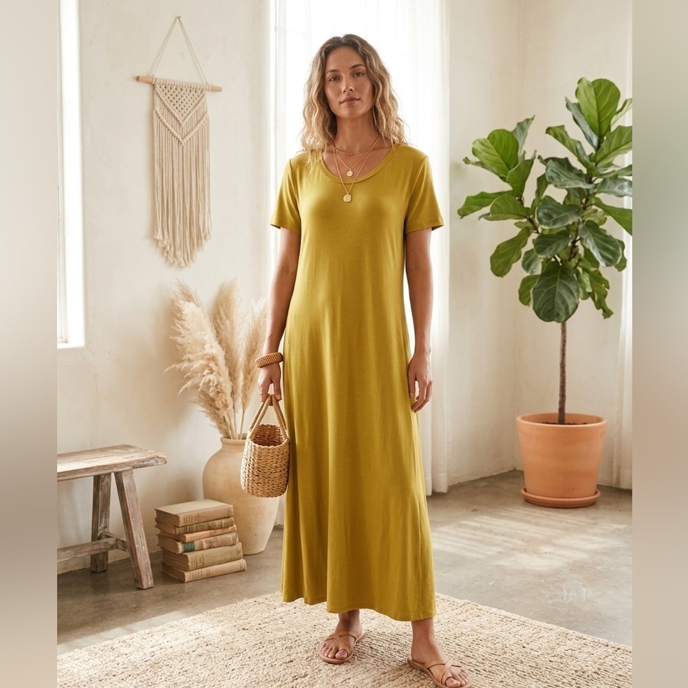 Cuddl Duds Maxi Dress M Mustard Yellow Olive Green Short Sleeve Slit Boho Chic